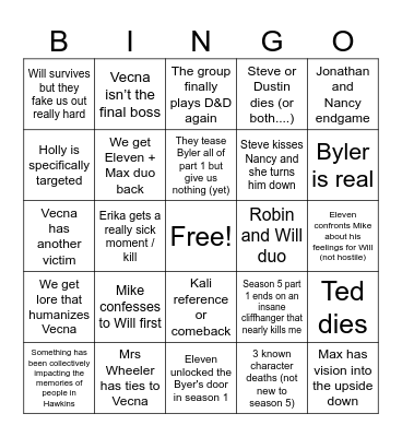 Stranger Things Season 5 Bingo Card