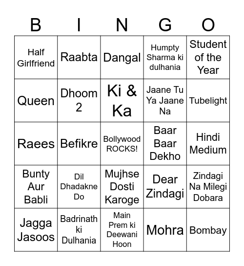 Bollywood Bingo Card