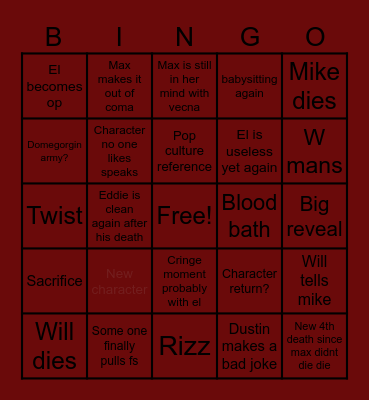 Stranger things Bingo Card