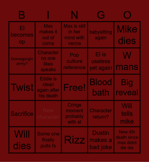 Stranger things Bingo Card