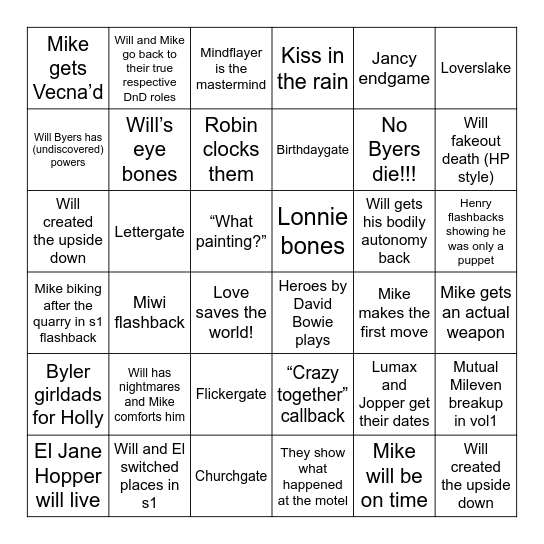 Byler ST5 predictions Bingo Card