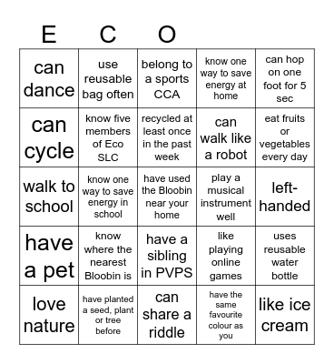 Eco SLC ice breaker game Bingo Card