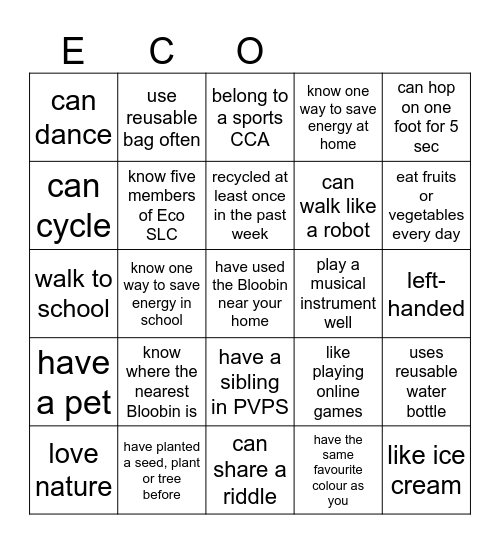 Eco SLC ice breaker game Bingo Card