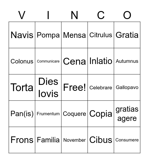 Latin Thanksgiving Bingo Card