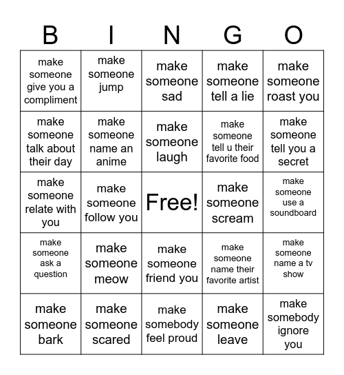 Challenge video Bingo Card