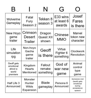 Game Awards 2025 Bingo Card