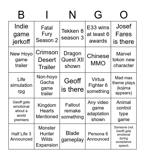 Game Awards 2025 Bingo Card