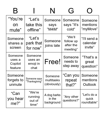 ENB Team meeting Bingo Card