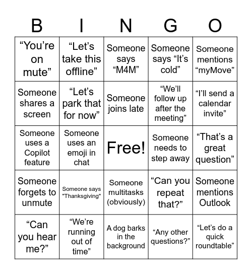 ENB Team meeting Bingo Card