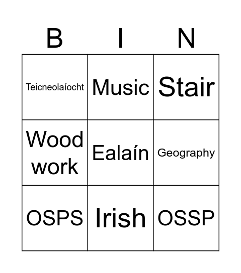 Na hÁbhair Scoile Bingo Card