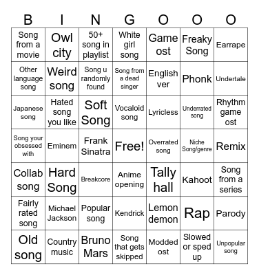 Playlist bingo Card