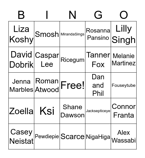 Favorite Youtubers Bingo Card