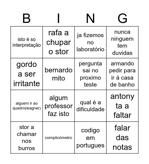 programação Bingo Card