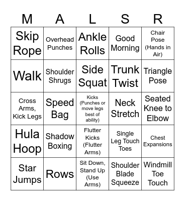 Fitness Bingo Wheelchair Version Bingo Card