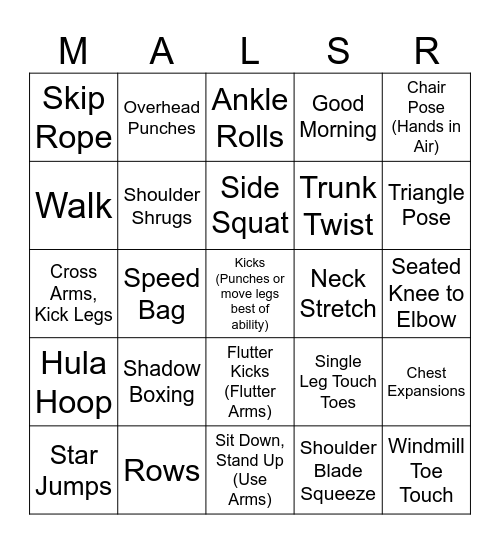 Fitness Bingo Wheelchair Version Bingo Card