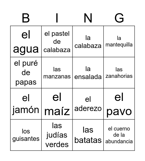 La comida de acción de gracias Bingo Card