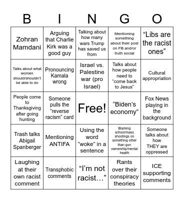 Thanksgiving with Conservative Family Bingo Card