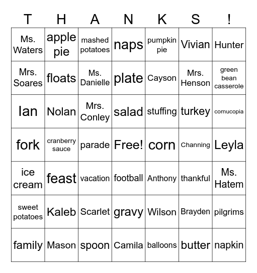 Thanksgiving Bingo Card