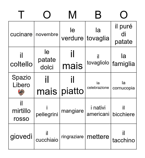 Ringraziamento Bingo Card