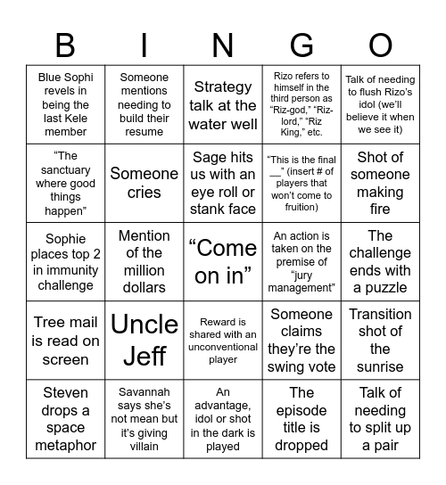 Survivor Season 49 Episode 10 Bingo Card