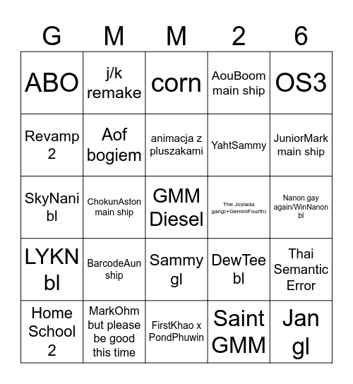 GMM Lineup 26 Bingo Card