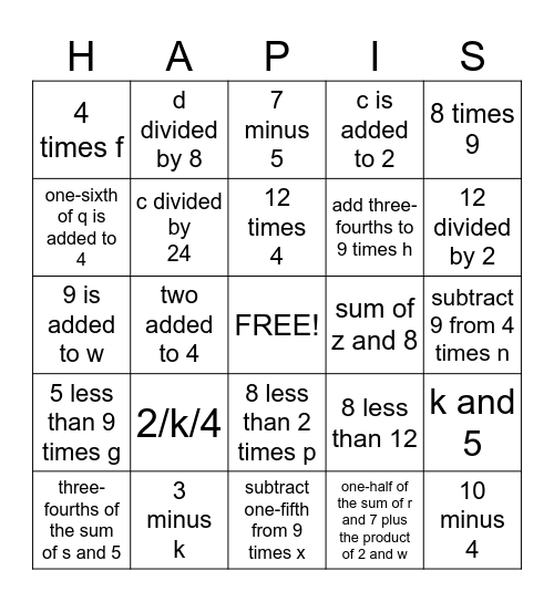 Algebraic Expression Bingo Card