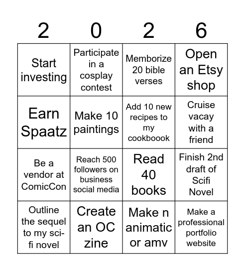 2026 Bucket List Bingo Card