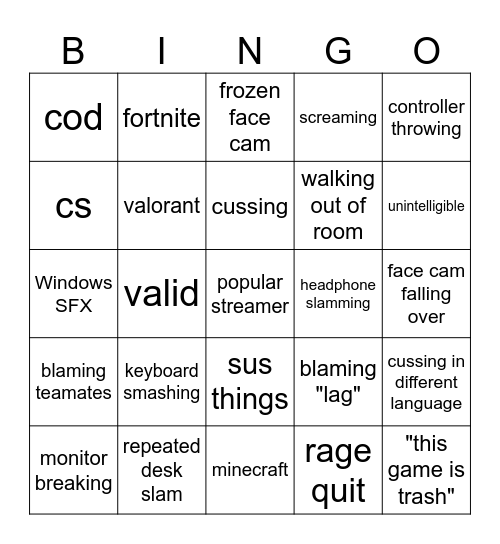 gamer rage Bingo Card