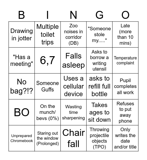 Pupil Bingo Card