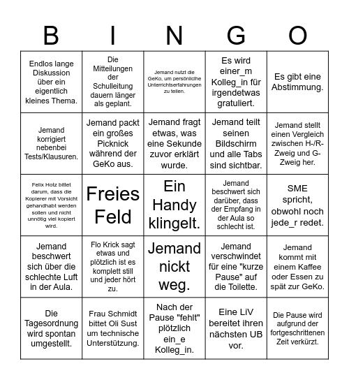 Bingo für live GeKo an der SaR Bingo Card