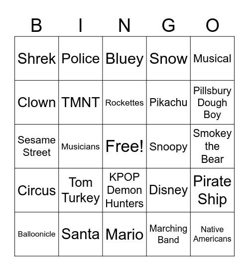 Macy's Thanksgiving Day Parade 2025 Bingo Card
