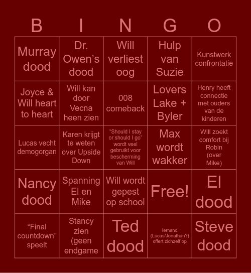 STRANGER THINGS V1 Bingo Card
