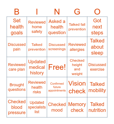 Wellness Visit Bingo Card