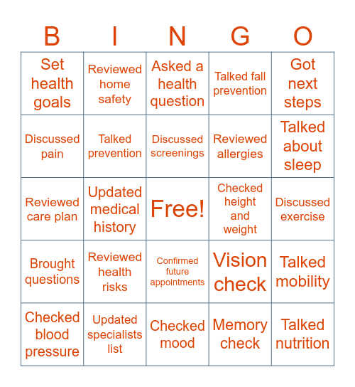 Wellness Visit Bingo Card