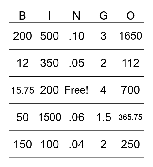 Simple Interest Matho Bingo Card