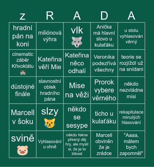 Zrádci S2 E12 - Finále Bingo Card