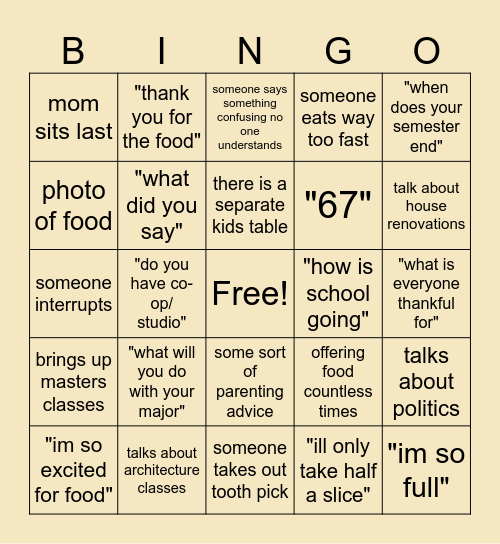 Thanksgiving Bingo 2025 Bingo Card