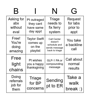 TRIAGE Bingo Card