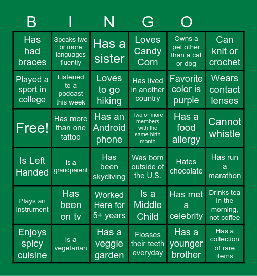 Get To Know Your Team Bingo Card