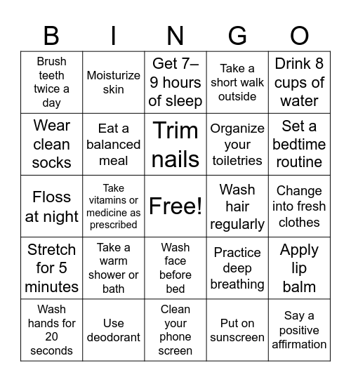 Personal Hygiene and Self-Care Bingo Card