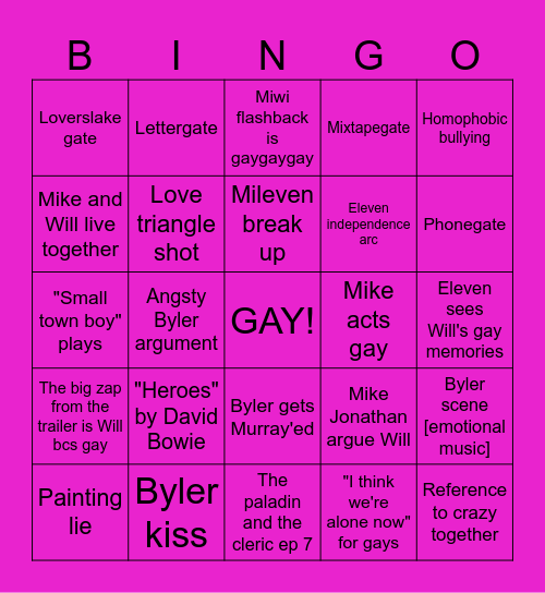 Gay Stranger Things Bingo Card