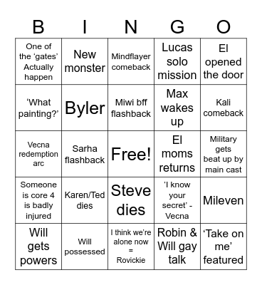 Stranger things Bingo Card