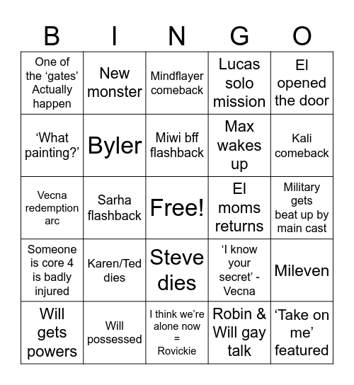 Stranger things Bingo Card