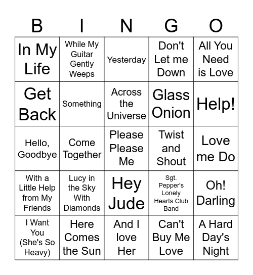 Beatles Bingo Card