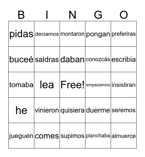 Spanish Bingo Card