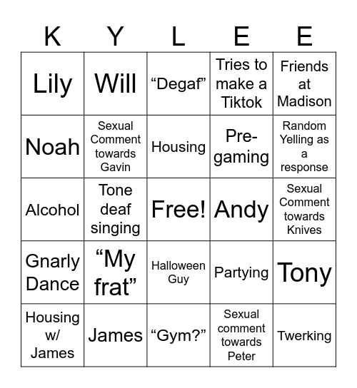 Kylee Bingo Card