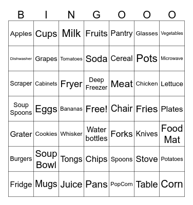 House Hold Items Bingo Card