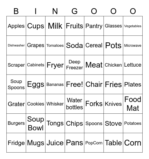 House Hold Items Bingo Card