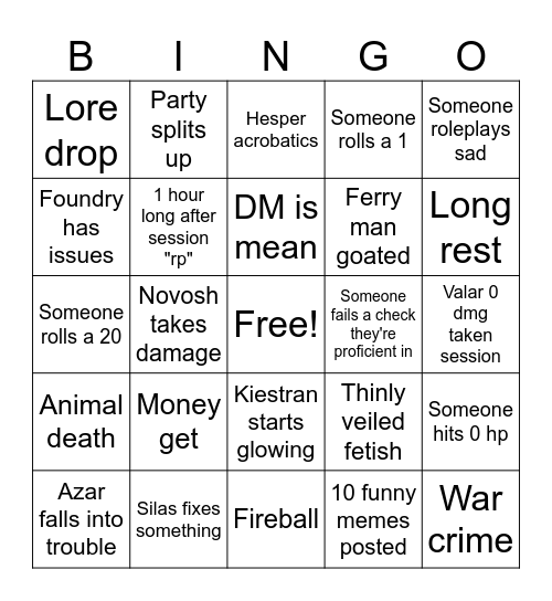 Valar bingo Card