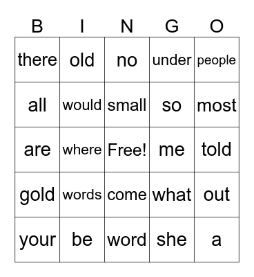 sight words Bingo Card